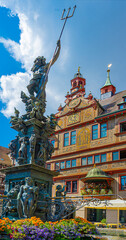 Naklejka premium .Tübingen town hall on Market Square with fountain, Germany. Baden Württemberg, Germany, Europe.