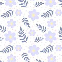 Vector pattern with purple flowers, twig. Vector spring and summer pattern. For fabric, postcards, diary, banners, print.
