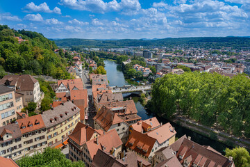 View from the Tübingen collegiate church tower via Tübingen‘s old town to the Neckar river. Baden Wuerttemberg, Germany, Europe
