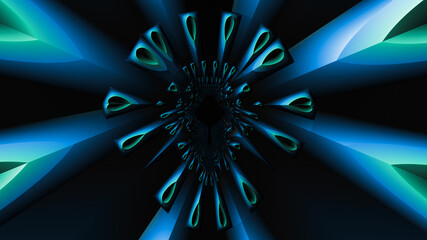 Abstract 3D fractal design in blue and cyan color. Modern futuristic symmetry background, 3D rendering