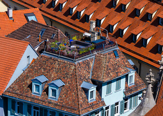 View from the Tübingen collegiate church tower on the old town with a rooftop garden. Baden Wuerttemberg, Germany, Europe