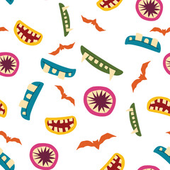 Zombie, clown and vampire cartoon monster mouths seamless pattern. Halloween horror background with vector smiles of scary beasts and angry demons, drool jaws, bloody teeth and tongues with saliva