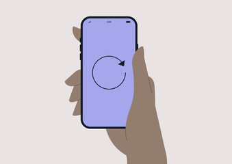 A hand hitting a refresh button, mobile phone interface