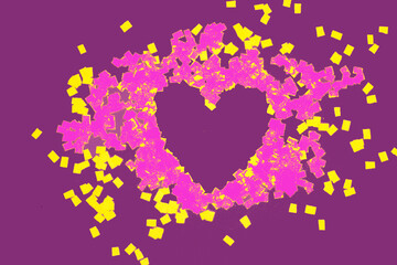 purple background with yellow-pink shredded papers in which there is a heart silhouette, creative minimal love design