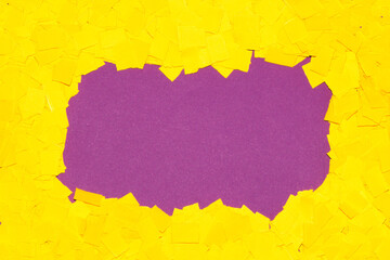 yellow shredded paper, purple copy space in the middle, creative art modern design
