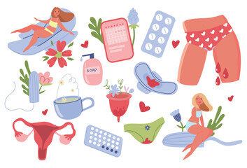 Menstruation clipart set. Feminine hygiene pad, tampon, menstrual cup, tablets, chamomile tea. Women's health concept. Female uterus, happy women. Cartoon vector illustration isolated on background.