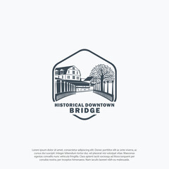 Vintage retro bridge, River and downtown Landscape silhouette view logo vector design