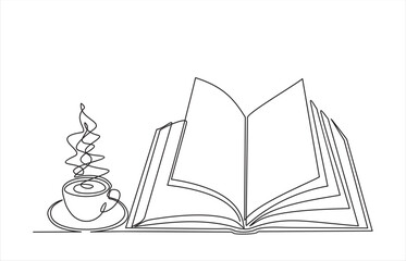 Continuous line drawing of book and coffee, vector illustration, one line