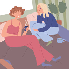Two friends are chatting while sitting on the bed. Friendly relations. The concept of supporting loved ones. Dialogue between people.  Cozy atmosphere. Cartoon vector illustration.