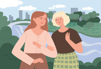 Two girlfriends are walking in the park and talking. Cityscape. Happy women go hand in hand enjoying the conversation. Active pastime. Vector cartoon flat illustration.