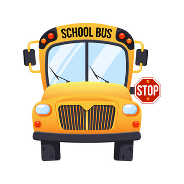 Yellow school bus isolated on white background, cartoon design icon back to school concept with stop sign