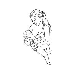 Breastfeeding regulations. Mom and baby together. Infographics for starting baby feeding. Breastfeeding support. Different mothers feed the baby.How to hold a newborn baby. Contour drawing.