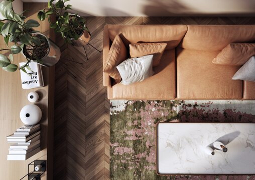 Nowoczesne i przestronne mieszkanie w starej kamienicy. Elegancki i luksusowy salon z wygodną sofą i fotelem zaprojektowany w stylu klasycznym, vintage i mid-century modern	
