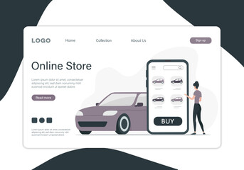 Buying renting a car online. Landing page concept. Colored flat vector illustration. 