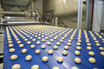 Close up of automated biscuit cookies shape forming machine. Selective focus. machine for making...