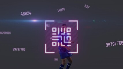 Animation of neon qr code and changing numbers over biracial male soccer player heading the ball - Powered by Adobe