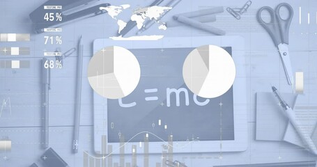 Animation of digital infographic interface over tablet with equation and stationery on table - Powered by Adobe