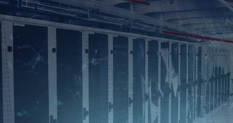 Animation of data processing and plexus networks over empty computer server room - Powered by Adobe