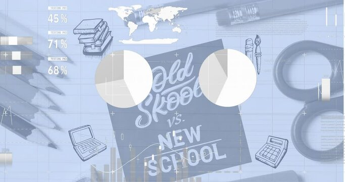 Animation of infographic interface and oldskool vs newschool text on screen with stationery