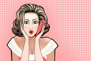 A drawn girl with a surprised face in the style of pop art speaks very emotionally on the phone.