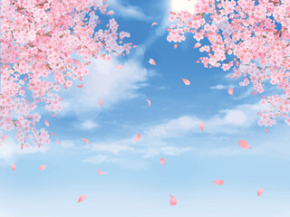 美しい桜の花びら舞い散る春の爽やか青空に光差し込むフレーム背景ベクター素材イラスト © MerciArtworks