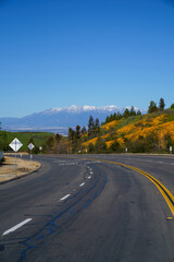 Sand Canyon Road over Crafton Hills in Yucaipa looking towards Redlands, California, with snow on the mountains and wildflowers on the hills. Taken during a superbloom.