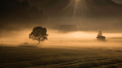 Fototapeta na wymiar Lonely jogger in the mist at sunrise 