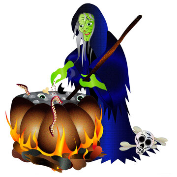 Haggard Witch stirred the pot with lots of eerie things.  Fire surrounding pot.  Isolated on white background.