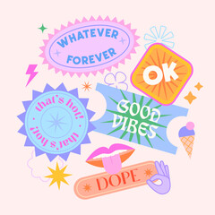 Vector set of cute funny patches and stickers in 90s style.Modern icons or symbols in y2k aesthetic with text.Trendy kidcore designs for banners,social media marketing,branding,packaging,covers