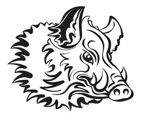 Boar, Wild Hog, Feral Pig with shaggy fur, sharp fangs, dangerous, menacing look, ready to attack. Isolated illustration, black and white on white background. Symbol and sign. Vector.
