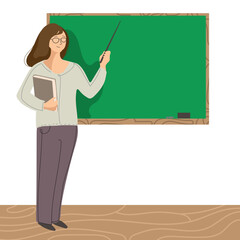 Female teacher lecturer with blank chalk board in wooden frame and pointer simple flat illustration.Female teacher with book showing on board,cute character.Vector cartoon character illustration