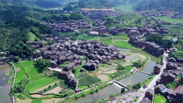 Aerial photography of the pastoral scenery of ancient Dong people's houses in Bazhai, Chengyang, Liuzhou