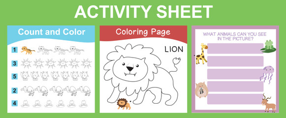 Activity sheet for children. Writing, coloring, count and color worksheet. Educational printable sheet for children. Vector illustration.
