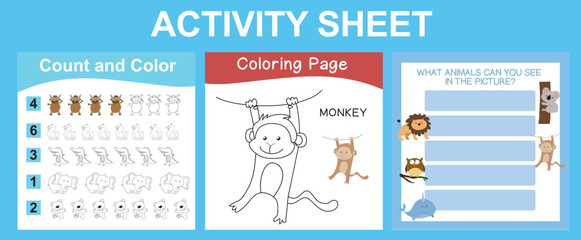 Activity sheet for children. Coloring, math subtraction, complete the words worksheet. Educational printable sheet for children. Vector illustration.