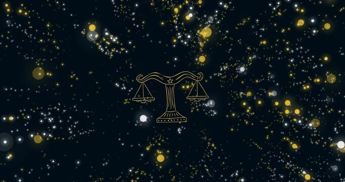 Animation of weight scale of libra zodiac sign over illuminated floating lens flares