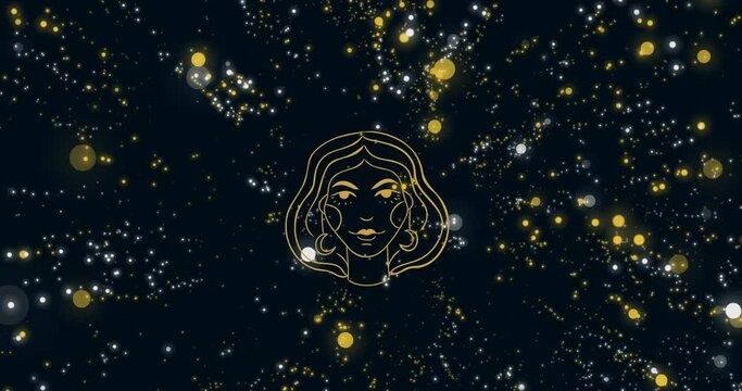 Animation of woman's face representing virgo zodiac sign against floating illuminated lens flares