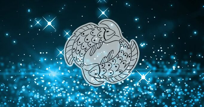 Animation of twin fish of pisces zodiac sign over glowing and moving blue particles and stars