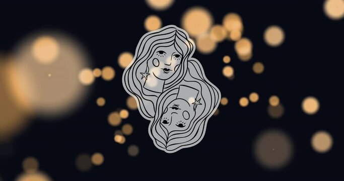 Animation of female faces representing gemini zodiac sign against illuminated lens flare