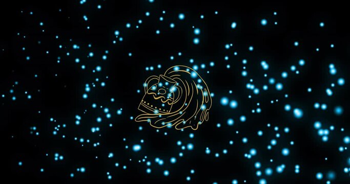 Animation of pitcher and water with aquarius zodiac sign over moving illuminated blue lens flares