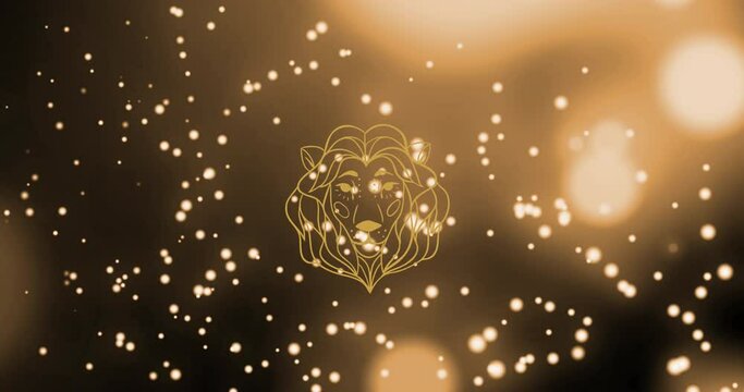 Animation of lion head vector of leo zodiac sign against illuminated particles and lens flares