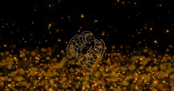 Animation of twin fish of pisces zodiac sign against illuminated moving lens flares moving up