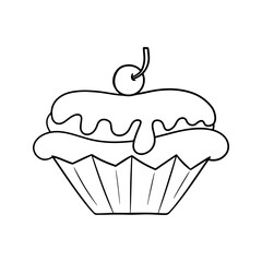 Monochrome illustration, delicious cupcake with delicate chocolate cream and cherry berry, vector cartoon