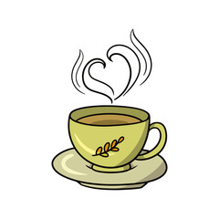 Beautiful yellow cup with autumn pattern, hot drink, cartoon-style vector