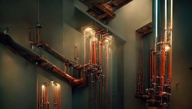 wall decoration with pipe and concrete wall, loft style ,interior design, 3d model rendering