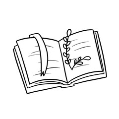 Monochrome illustration, An open book with a bookmark and an autumn twig, vector cartoon