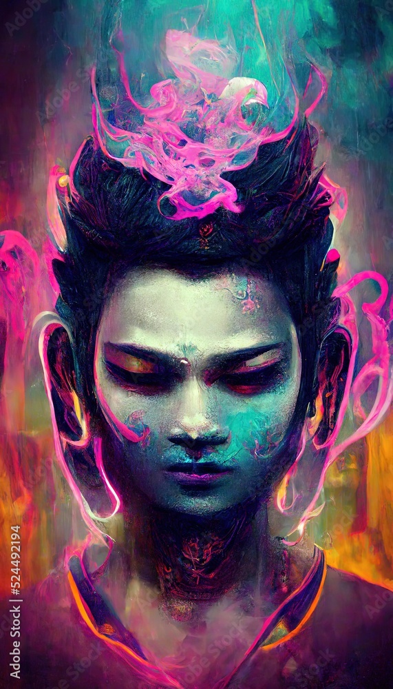 Wall mural portrait of buddha in a futuristic cyberpunk style in a neon atmosphere. a neon buddha in the middle