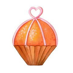Delicious round orange cupcake decorated with a heart, watercolor painting