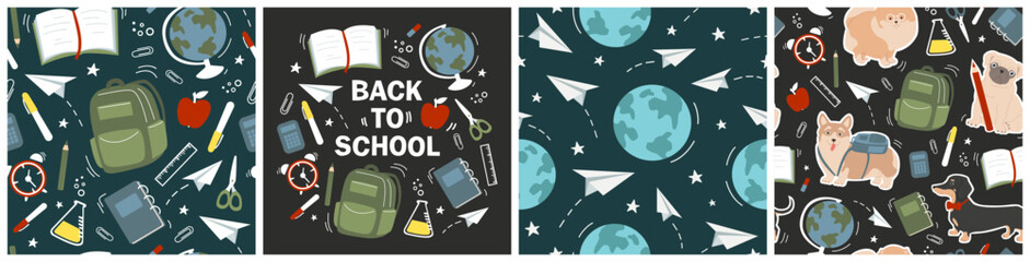 Back to school. Big set of vector seamless patterns and postcard with school elements.