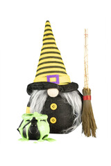 Cutout of an isolated generic Halloween witch gnome soft toy ornament with cauldron and broomstick ...