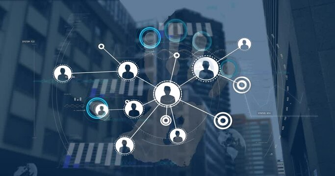 Animation of profile icons connecting dots, data with graph, globe, fingerprints against buildings